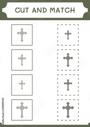 Cut and match parts of Christian cross, game for children. Vector illustration, printable worksheet