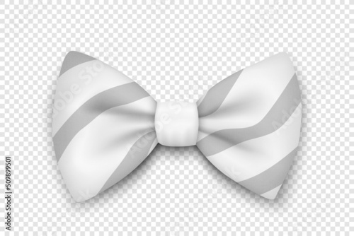 Vector 3d Realistic White Striped Textured Bow Tie Icon Closeup Isolated. Silk Glossy Bowtie, Tie Gentleman. Mockup, Design Template. Bow tie for Man. Mens Fashion, Fathers Day Holiday
