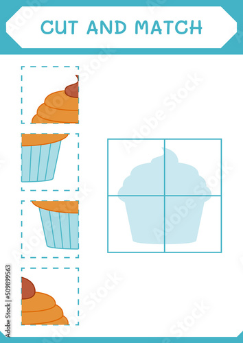 Cut and match parts of Cupcake, game for children. Vector illustration, printable worksheet