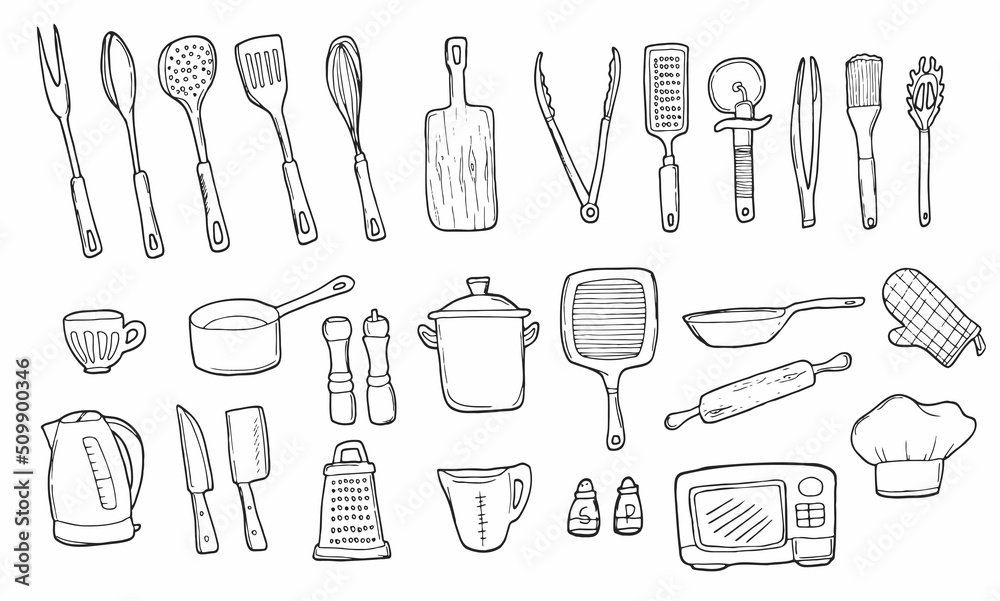 Set of doodle kitchen utensil outline in black isolated over white background. Vector sketch in line Set of doodle kitchen utensil outline in black isolated over white background. Vector sketch in line