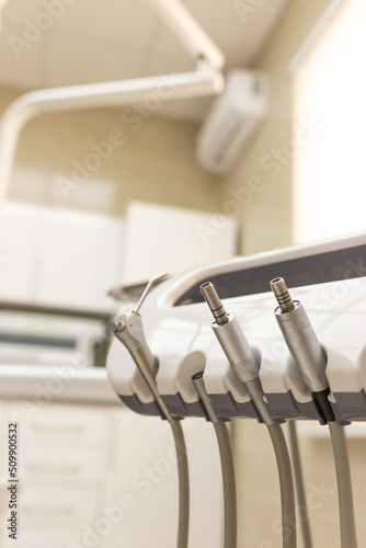 Closeup of dental drills in dentists office