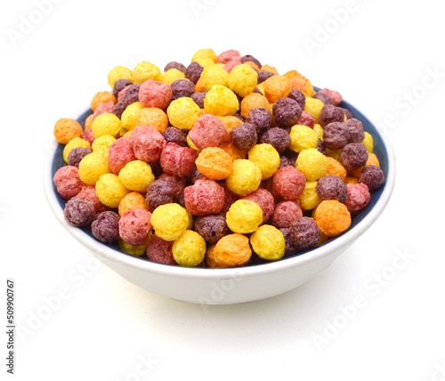 Delicious and nutritious fruit cereal loops flavorful, healthy and funny addition to kids breakfast in bowl on white background 