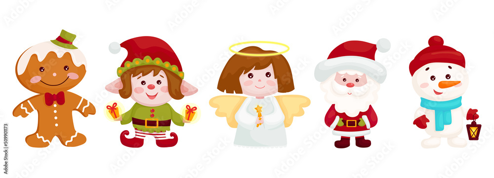 Set of cute characters for the holiday of Christmas and New Year.Cartoon vector graphics.