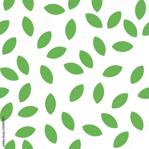 Seamless abstract pattern with minimalistic design, green leaves on white background. Suits as wallpaper, print, background, texture.