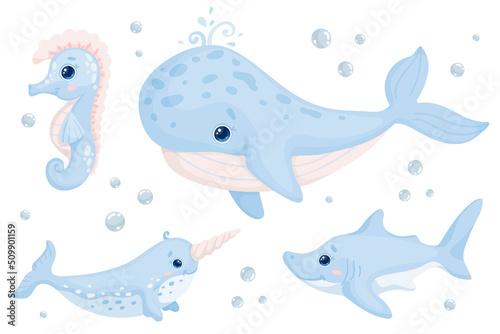 Set of cartoon sea animals, fish. Whale, narwhal, seahorse, shark. Vector graphics.