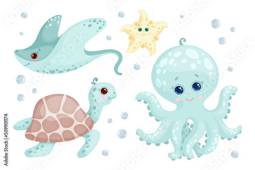 Set of cartoon sea animals. Starfish  octopus  turtle  stingray. Vector graphics.