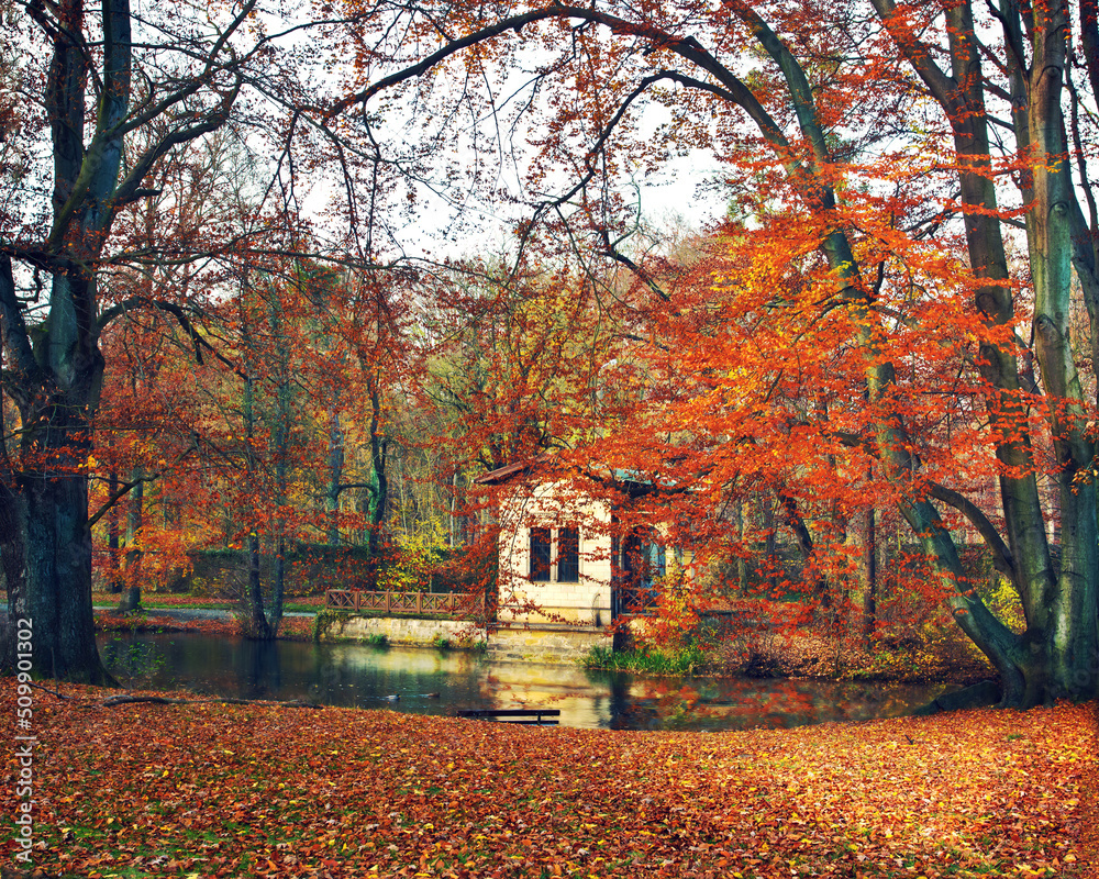 Kleines Haus im Herbst mit bunten Bäumen, in einem Park, mit Teich im Vordergrund