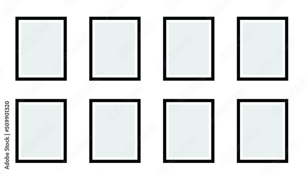 Black photo frames collage mockup, realistic blank frames mockup hanging on wall. Black photo frames collage mockup, realistic blank frames mockup hanging on wall.