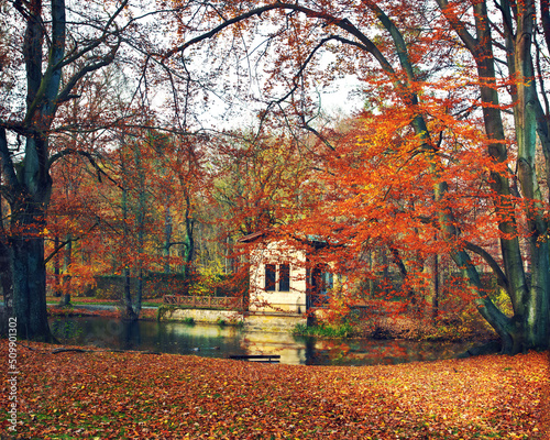 Kleines Haus im Herbst mit bunten Bäumen, in einem Park, mit Teich im Vordergrund © DK_DD