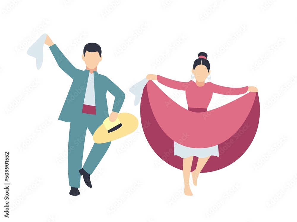 Couple of peruvian dancers performs traditional dance "la marinera