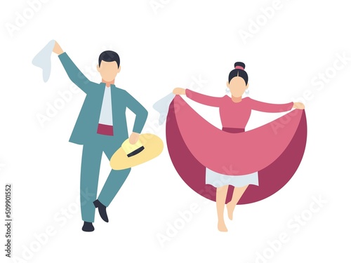 Couple of peruvian dancers performs traditional dance "la marinera". Colorful vector characters isolated on white background.