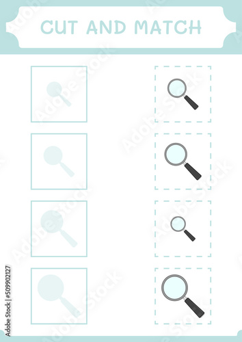 Cut and match parts of Magnifying glass, game for children. Vector illustration, printable worksheet