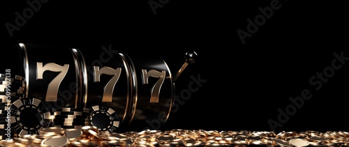 Slot Machine, Casino Chips And Coins, Modern Black And Golden Isolated On The Empty Space Black Background - 3D Illustration