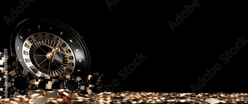 Roulette Wheel, Casino Chips And Coins, Modern Black And Golden Isolated On The Empty Space Black Background - 3D Illustration