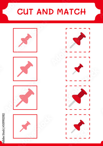 Cut and match parts of Push pin, game for children. Vector illustration, printable worksheet