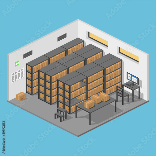 isometric storage room warehouse with parcels and shelves vector flat illustration