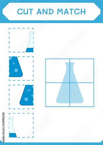 Cut and match parts of Chemistry flask, game for children. Vector illustration, printable worksheet