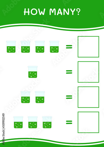 How many of Chemistry flask, game for children. Vector illustration, printable worksheet