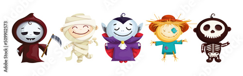 Set of cute characters in Halloween costumes.Cartoon vector graphics.