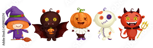 Set of cute characters in Halloween costumes.Cartoon vector graphics.