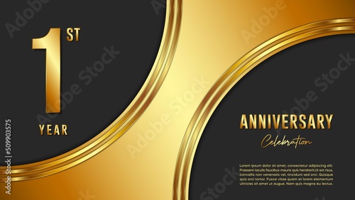 1st anniversary logo with gold color for booklets, leaflets, magazines, brochure posters, banners, web, invitations or greeting cards. Vector illustration.