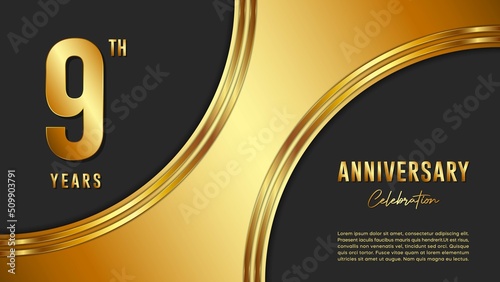 9th anniversary logo with gold color for booklets, leaflets, magazines, brochure posters, banners, web, invitations or greeting cards. Vector illustration. photo
