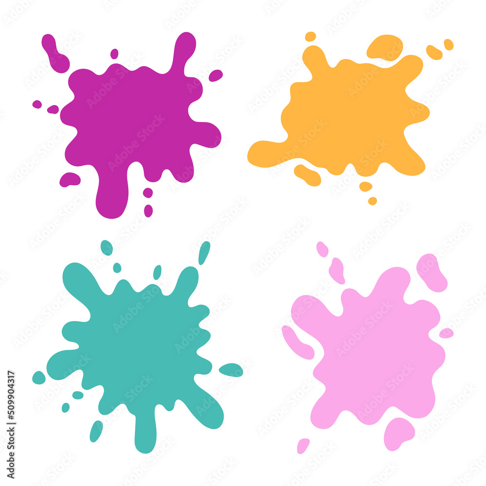 Hand drawn set of color paint splashes. Different shapes of Paint splatter and drops, ink blobs.. Vector illustration isolated on white background.