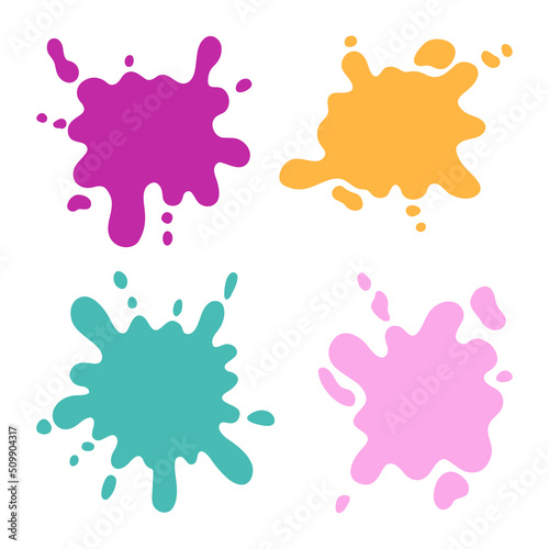 Hand drawn set of color paint splashes. Different shapes of Paint splatter and drops, ink blobs.. Vector illustration isolated on white background.