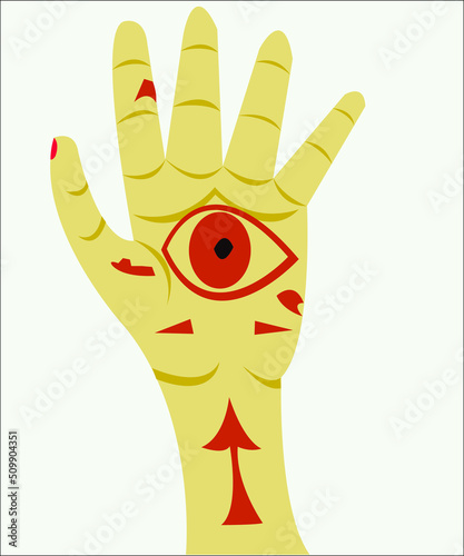 A hand with sacral symbols in traditional style. This illustration can be used as an advertising concept or idea for cards, placards and as a print for t-shirts. Vector, isolated.