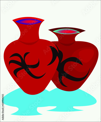 A ceramic jug and a mug with traditional signs in Egypt style. This illustration can be used as a logotype for companies in Egypt style. Vector, isolated.