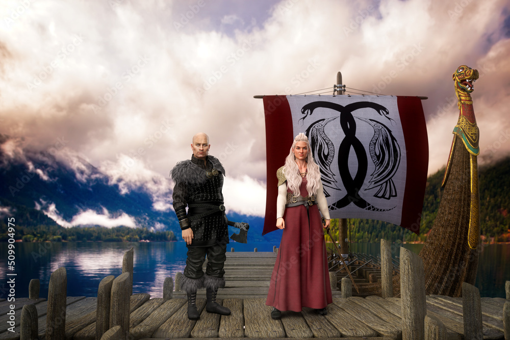 Viking man and woman standing on a pier by a long boat. 3D rendering.