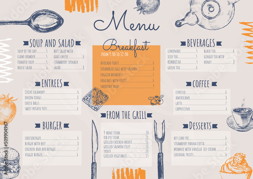 Menu template decorated with hand drawn food elements