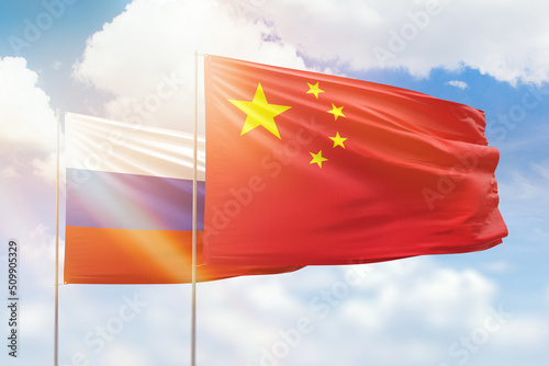 Photography Sunny blue sky and flags of china and russia