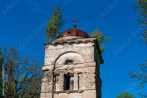 Ruins of Saliena lutheran church, Latvia. A tree grows on the roof of the tower.