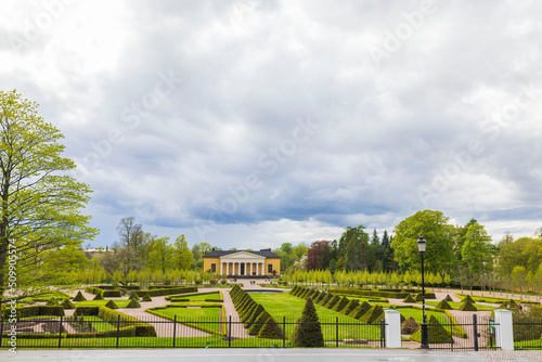 Fabulous view of green park area of Botanical garden of Uppsala, Sweden. 