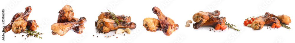 Set of roasted chicken legs isolated on white Set of roasted chicken legs isolated on white
