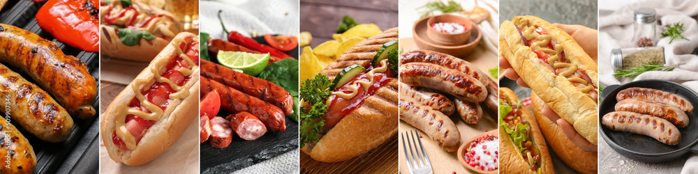 Set of tasty grilled sausages and hot dogs on table - obrazy, fototapety, plakaty 