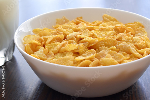 Cornflakes in a white bowl. 