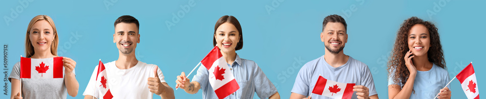 Set of people with flags of Canada on light blue background - obrazy, fototapety, plakaty 