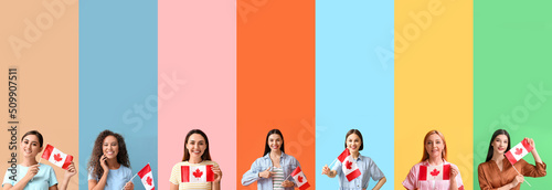 Set of women with flags of Canada on colorful background
