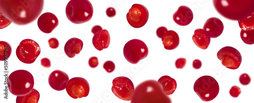 Falling cherries. Red ripe flying cherry isolated on white background. Berry pattern for packaging design. Banner.