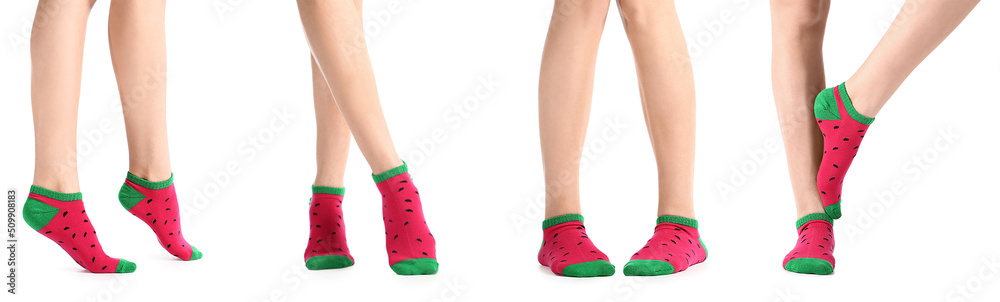 Legs of young women in socks with watermelon print on white background Legs of young women in socks with watermelon print on white background
