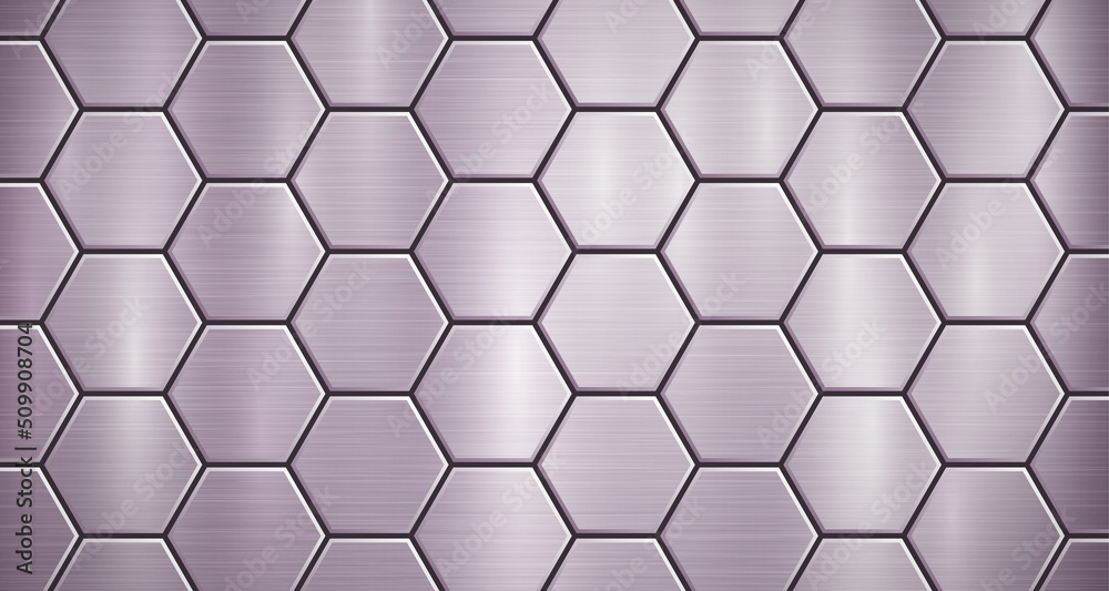 Abstract metallic background in purple colors with highlights, consisting of voluminous convex hexagonal plates Abstract metallic background in purple colors with highlights, consisting of voluminous convex hexagonal plates