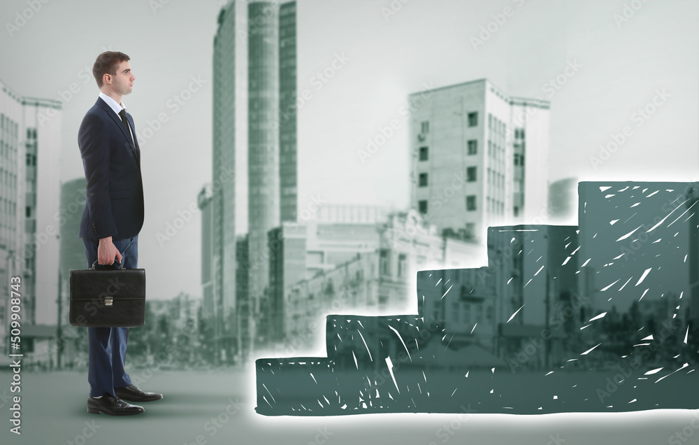 Collage with businessman, big city and drawn ladder. Concept of career growth Collage with businessman, big city and drawn ladder. Concept of career growth