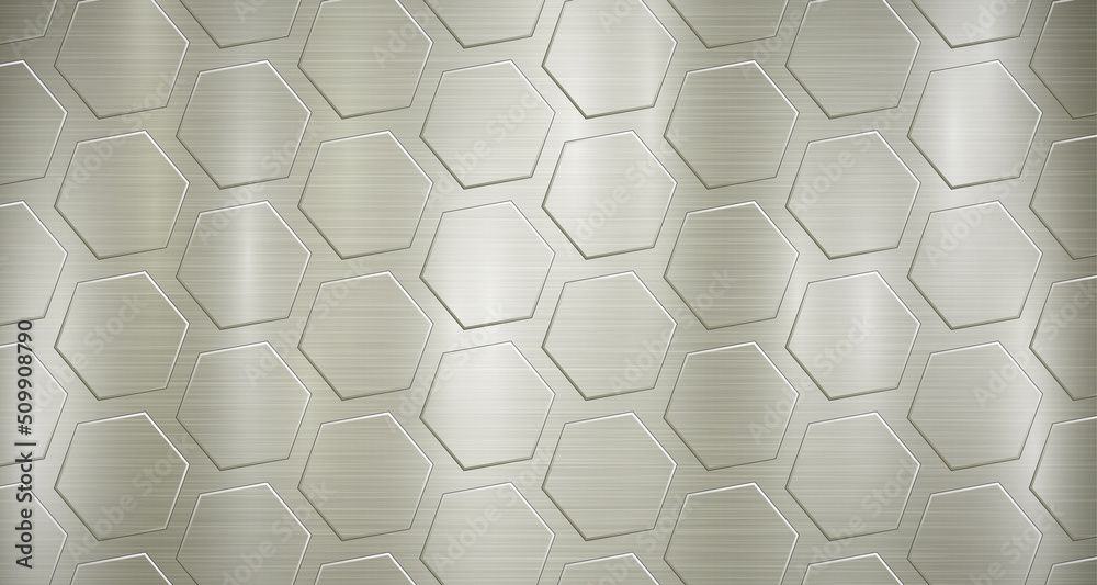 Fototapeta premium Abstract metallic background in yellow colors with highlights and a big voluminous convex hexagonal plates