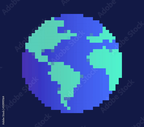 Pixel Earth concept. Planet in retro style  graphic elements for website  old sticker for social networks. Astronomy and astrology  space and universe  galaxy. Cartoon flat vector illustration