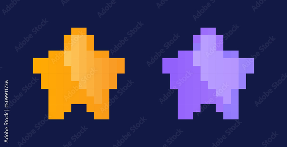 Pixel stars set. Graphic elements for website and stickers for social networks in retro style. Galaxies and universe, cosmic body in space or galaxy. Astronomy. Cartoon flat vector illustration Pixel stars set. Graphic elements for website and stickers for social networks in retro style. Galaxies and universe, cosmic body in space or galaxy. Astronomy. Cartoon flat vector illustration