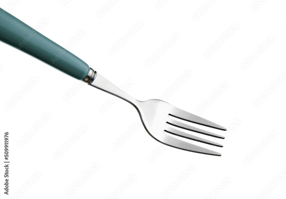 Stylish stainless steel fork on white background, closeup Stylish stainless steel fork on white background, closeup