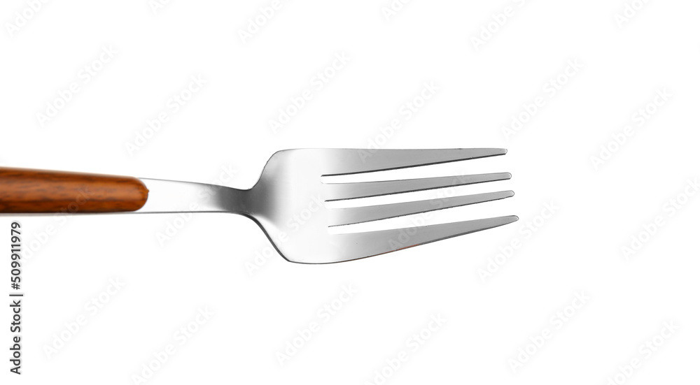 Stylish stainless steel fork on white background, closeup Stylish stainless steel fork on white background, closeup