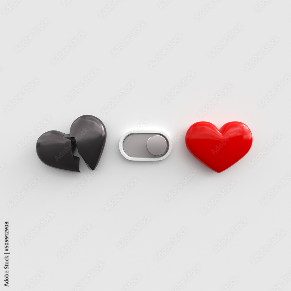 Activated love toggle switch. Switcher between a scarlet red heart and ...